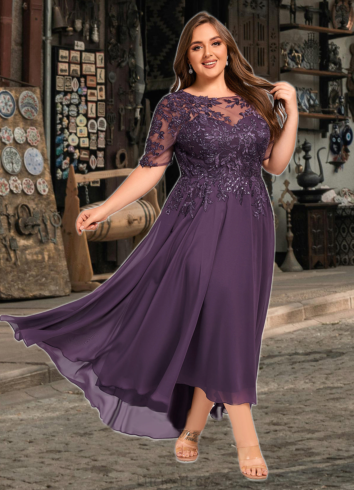 Savannah A-line Scoop Illusion Asymmetrical Chiffon Lace Mother of the Bride Dress With Sequins HFP0021630