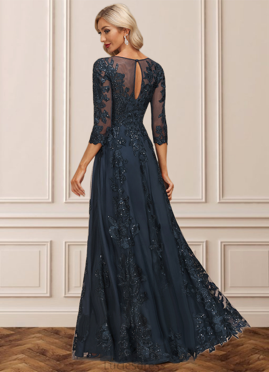 Elva A-line Scoop Illusion Floor-Length Lace Tulle Mother of the Bride Dress With Sequins HFP0021631