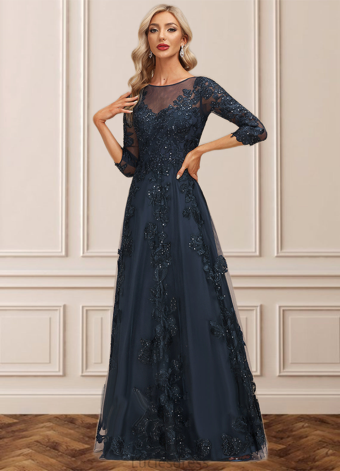 Elva A-line Scoop Illusion Floor-Length Lace Tulle Mother of the Bride Dress With Sequins HFP0021631