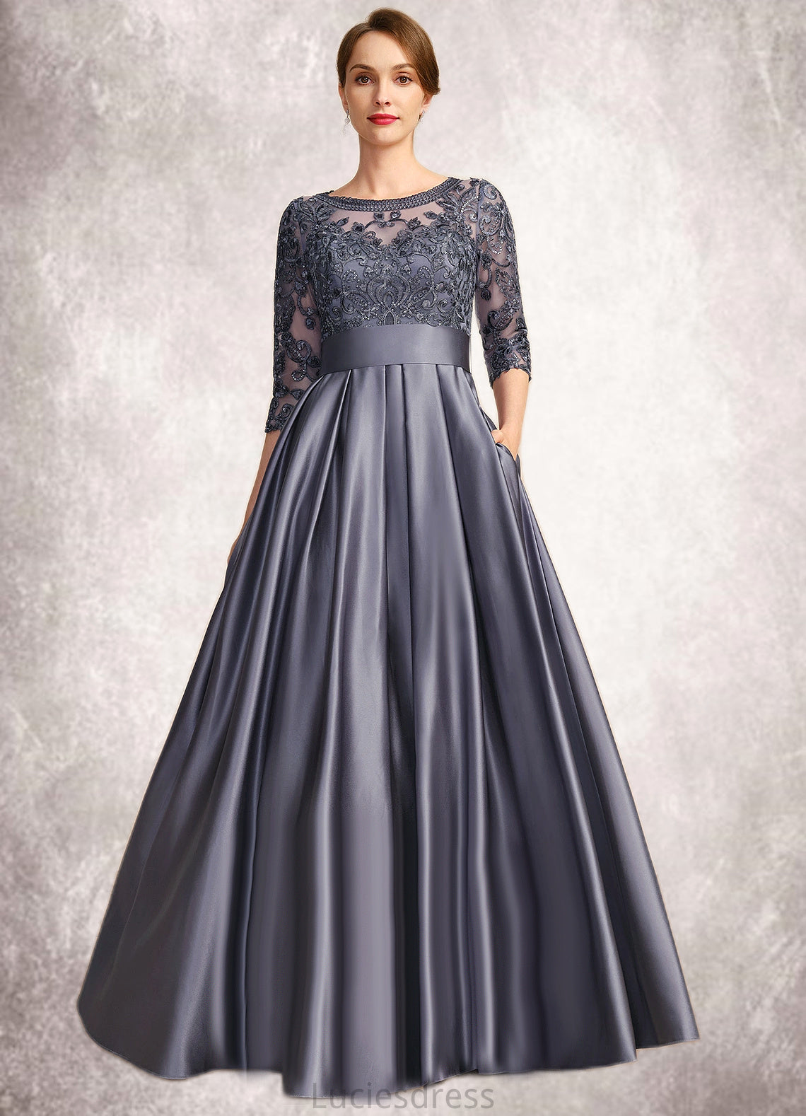 Averie A-line Scoop Illusion Floor-Length Lace Satin Mother of the Bride Dress With Bow Sequins HFP0021633