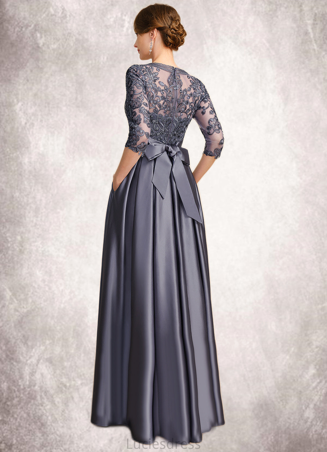 Averie A-line Scoop Illusion Floor-Length Lace Satin Mother of the Bride Dress With Bow Sequins HFP0021633