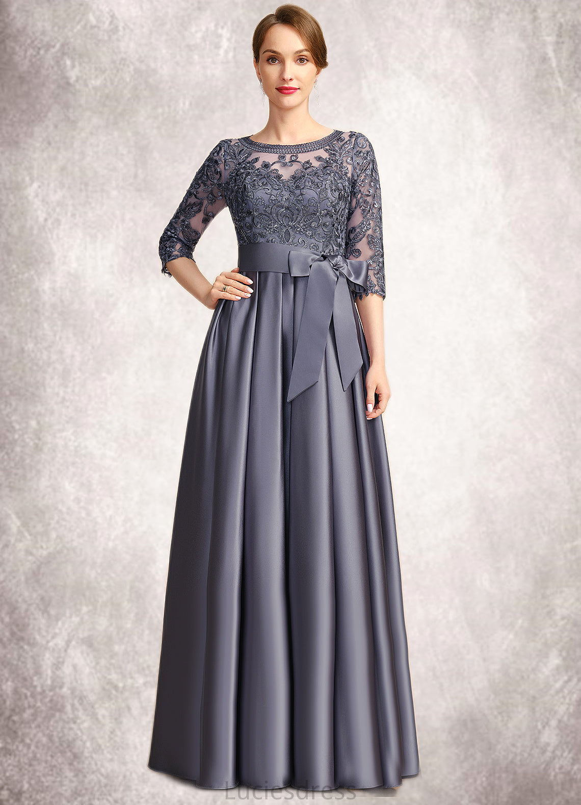 Averie A-line Scoop Illusion Floor-Length Lace Satin Mother of the Bride Dress With Bow Sequins HFP0021633