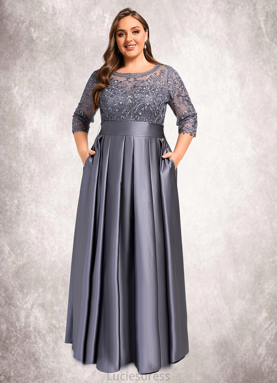 Averie A-line Scoop Illusion Floor-Length Lace Satin Mother of the Bride Dress With Bow Sequins HFP0021633