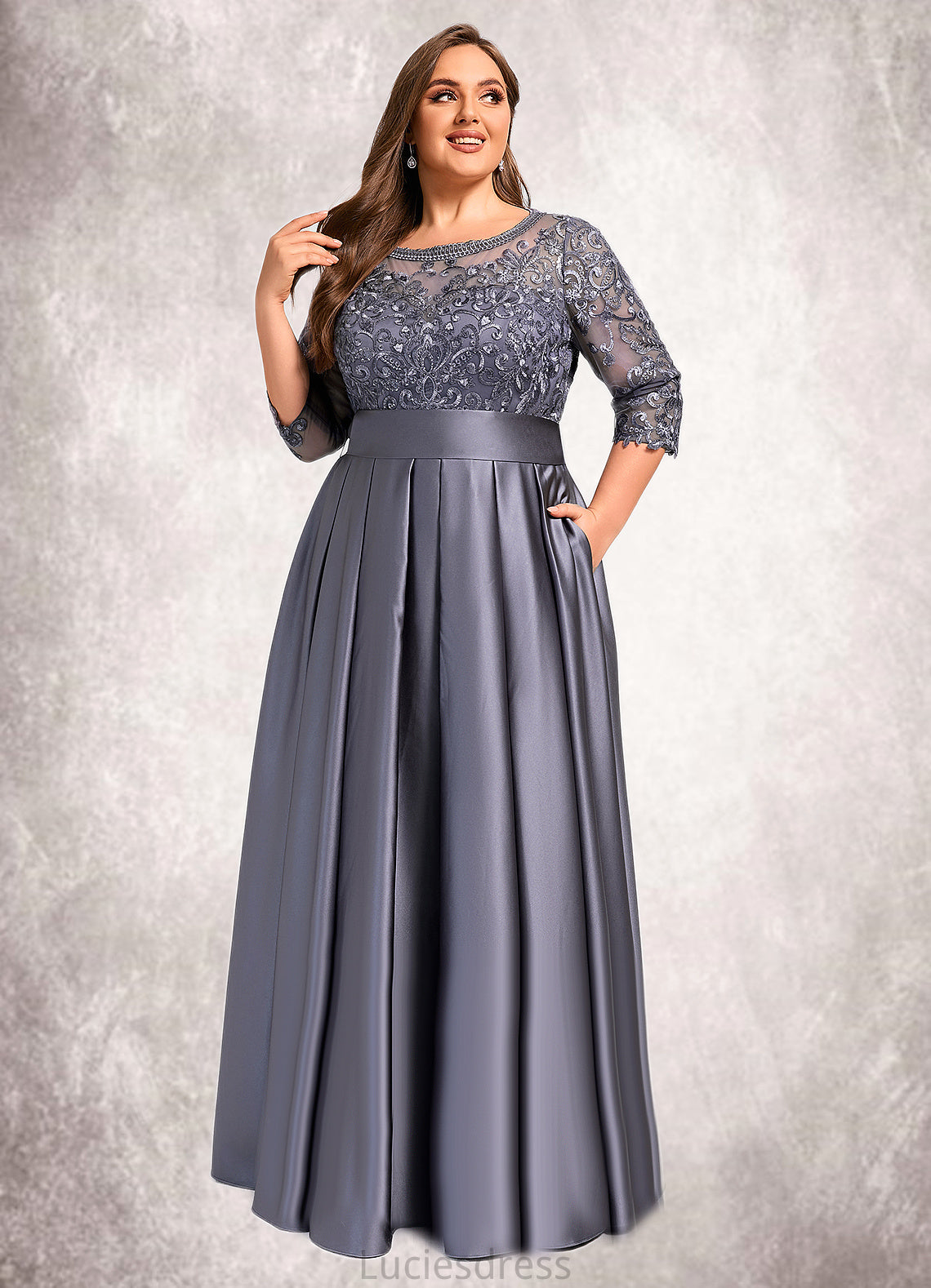 Averie A-line Scoop Illusion Floor-Length Lace Satin Mother of the Bride Dress With Bow Sequins HFP0021633