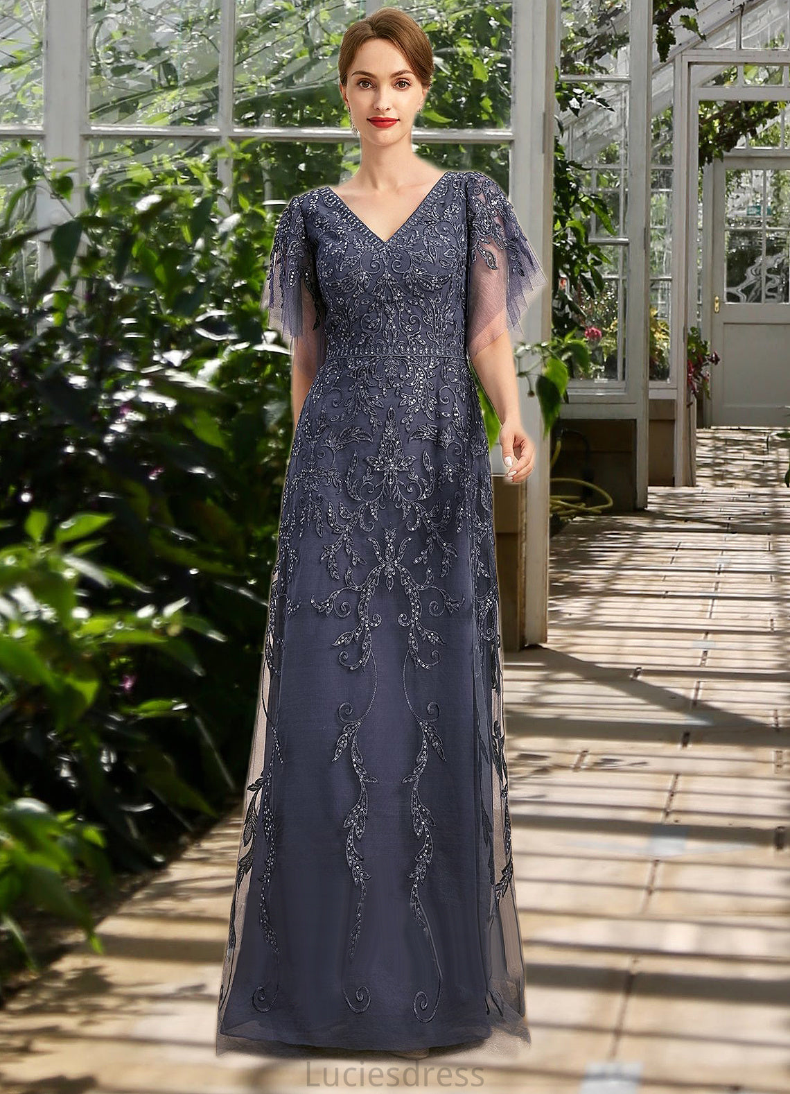 Mildred A-line V-Neck Floor-Length Lace Tulle Mother of the Bride Dress With Sequins HFP0021635