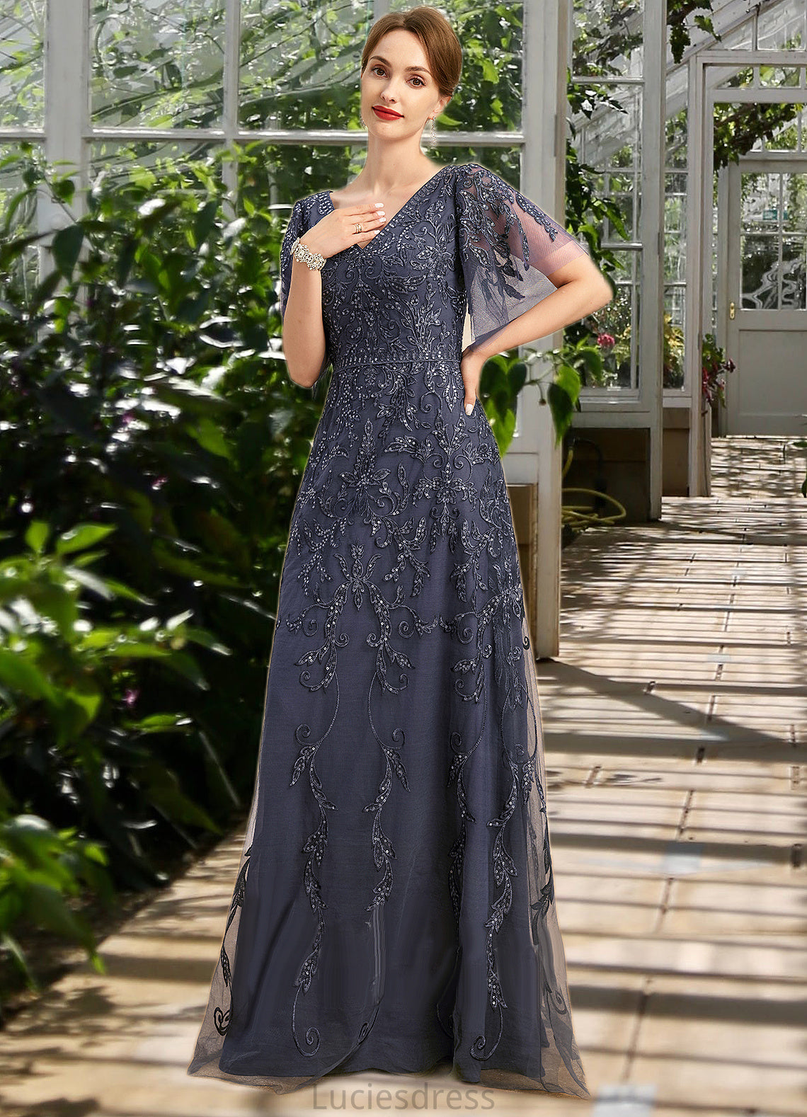 Mildred A-line V-Neck Floor-Length Lace Tulle Mother of the Bride Dress With Sequins HFP0021635