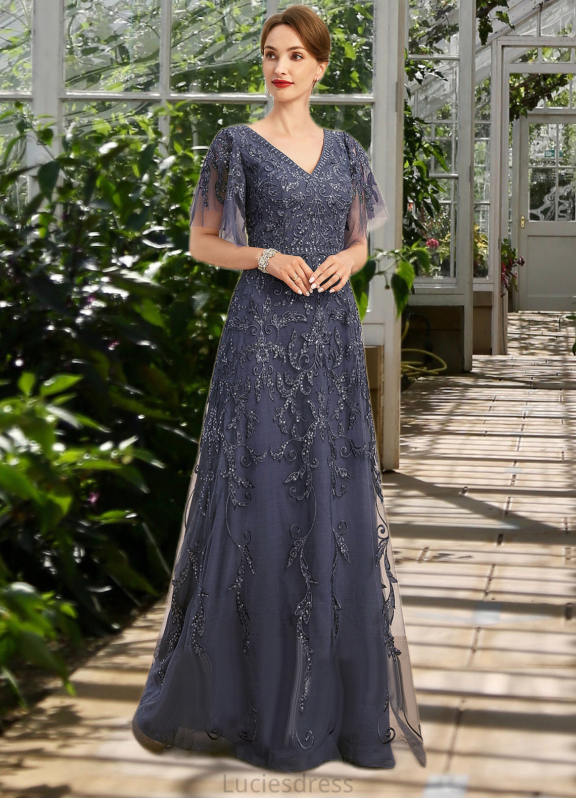 Mildred A-line V-Neck Floor-Length Lace Tulle Mother of the Bride Dress With Sequins HFP0021635