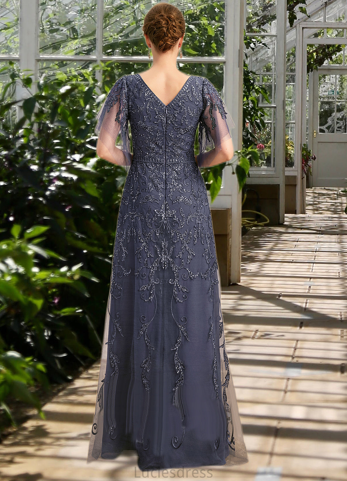 Mildred A-line V-Neck Floor-Length Lace Tulle Mother of the Bride Dress With Sequins HFP0021635