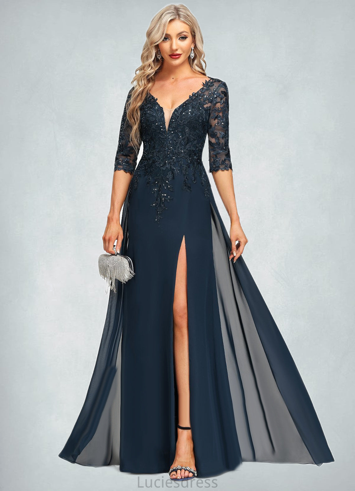 Genevieve Sheath/Column V-Neck Floor-Length Chiffon Lace Mother of the Bride Dress With Sequins HFP0021643