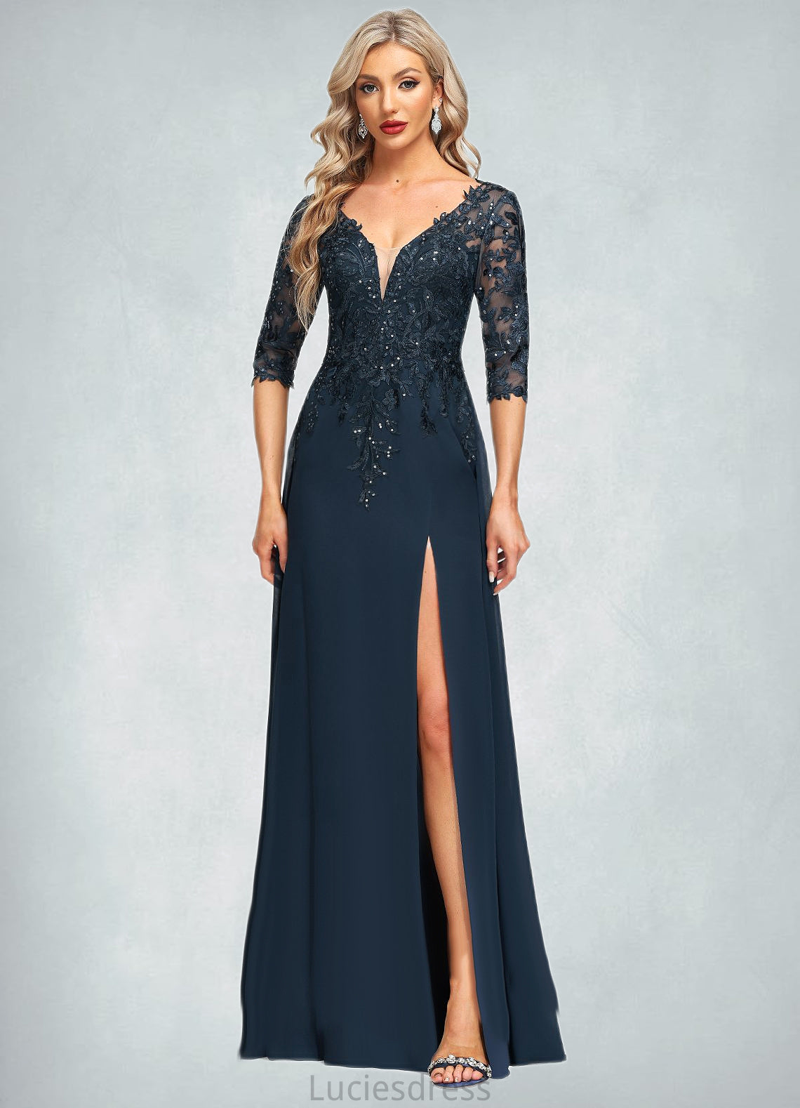 Genevieve Sheath/Column V-Neck Floor-Length Chiffon Lace Mother of the Bride Dress With Sequins HFP0021643