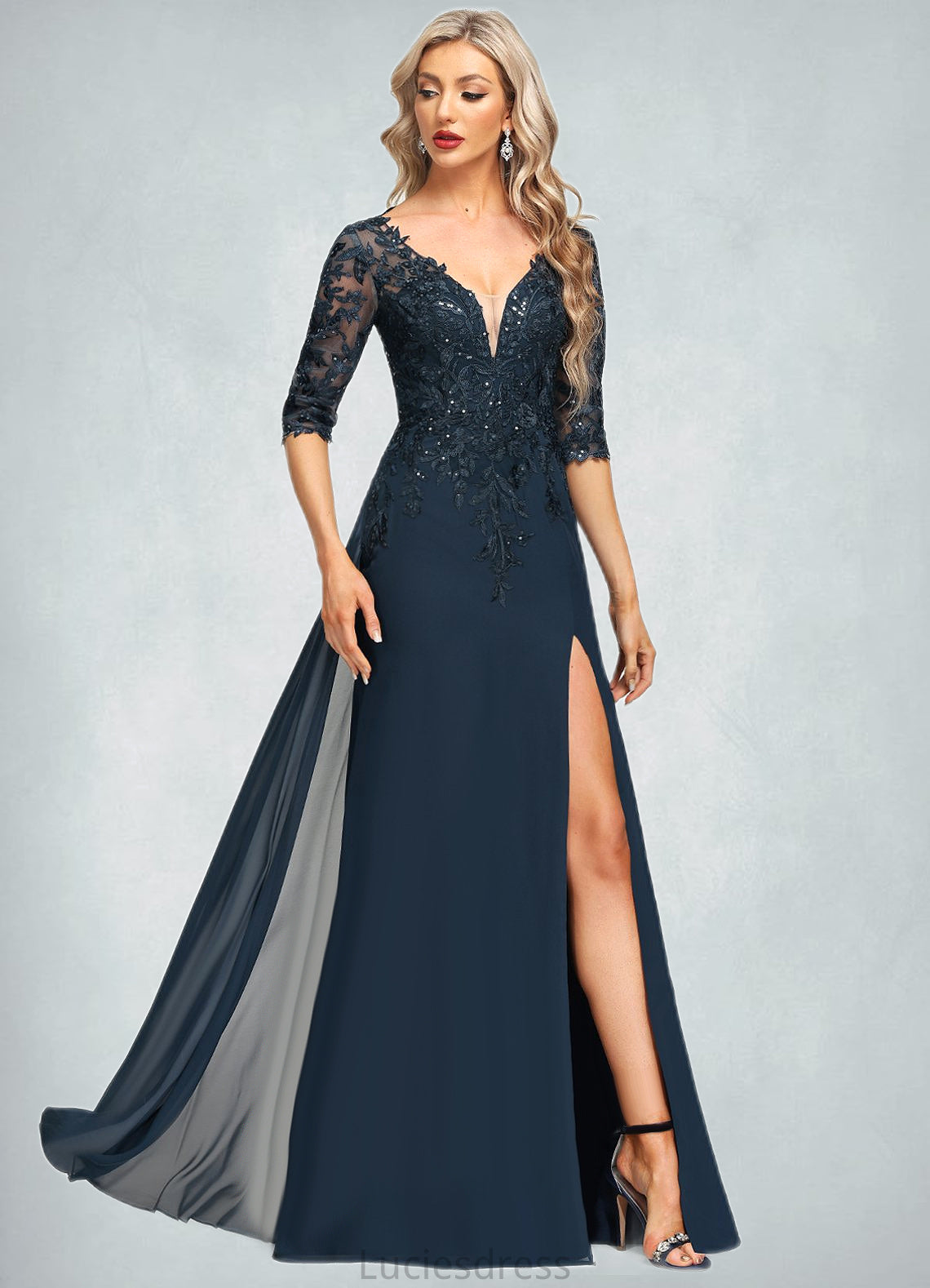 Genevieve Sheath/Column V-Neck Floor-Length Chiffon Lace Mother of the Bride Dress With Sequins HFP0021643