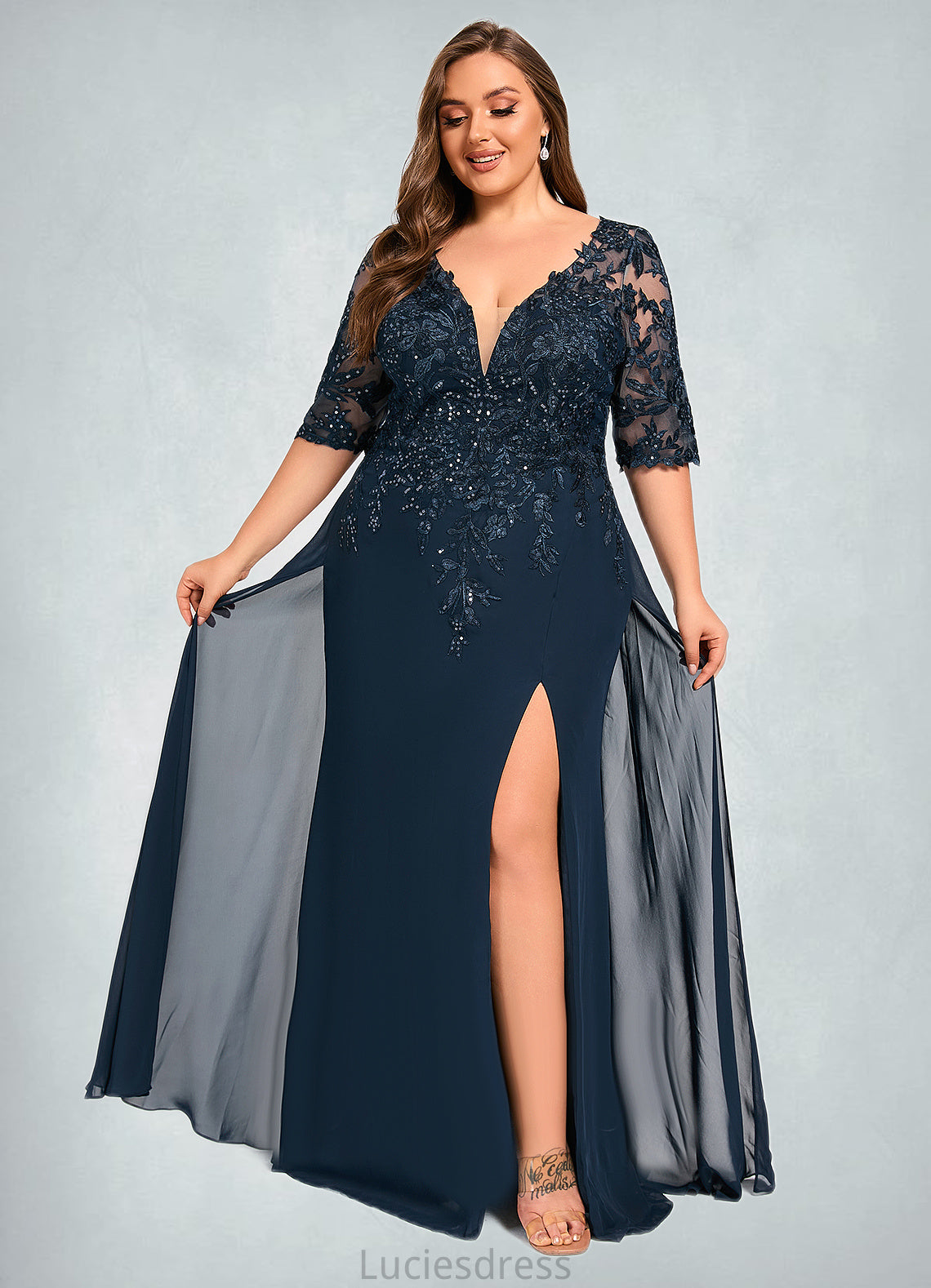 Genevieve Sheath/Column V-Neck Floor-Length Chiffon Lace Mother of the Bride Dress With Sequins HFP0021643