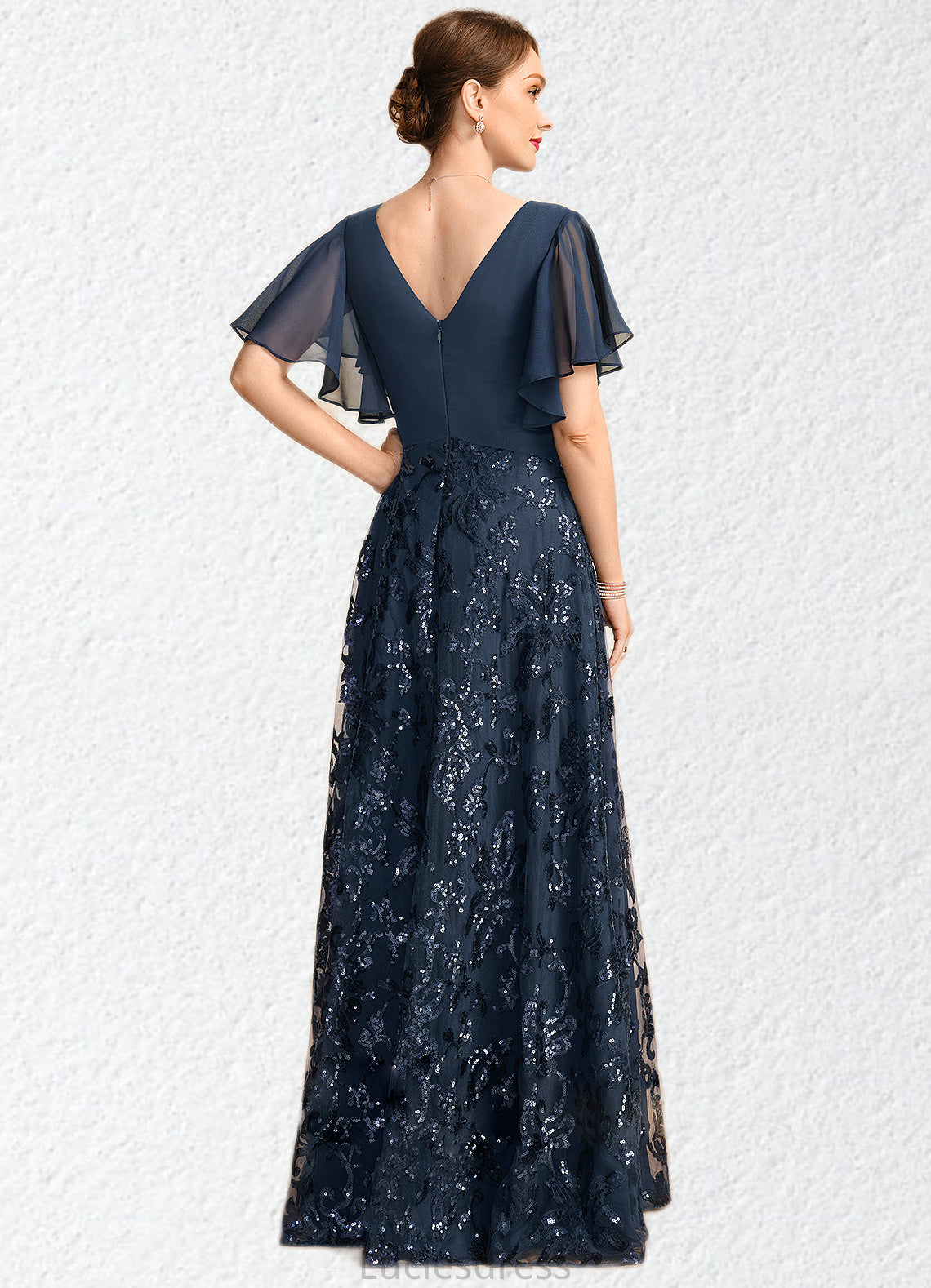 Breanna A-line V-Neck Floor-Length Chiffon Lace Sequin Mother of the Bride Dress With Pleated HFP0021648