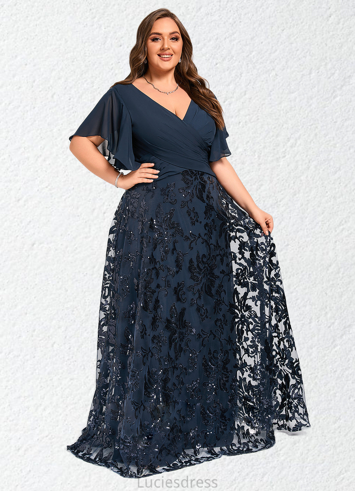 Breanna A-line V-Neck Floor-Length Chiffon Lace Sequin Mother of the Bride Dress With Pleated HFP0021648