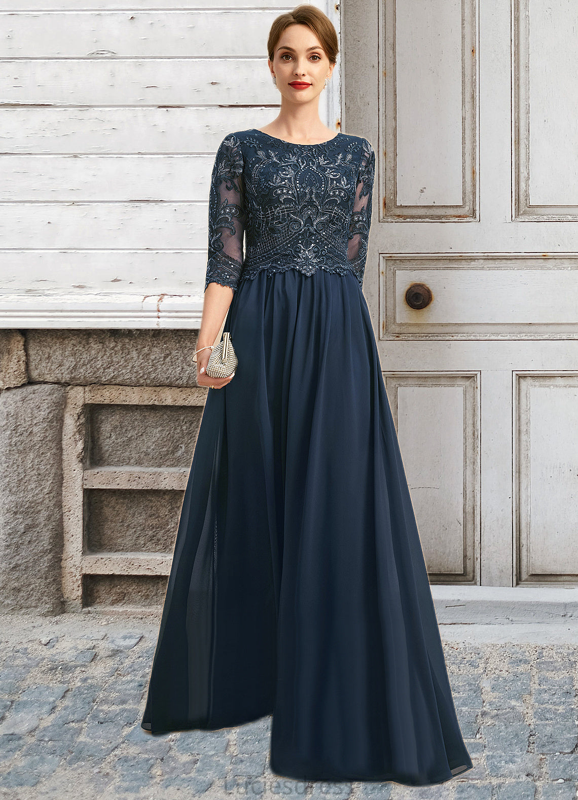 Kayden A-line Scoop Floor-Length Chiffon Lace Mother of the Bride Dress With Sequins HFP0021651