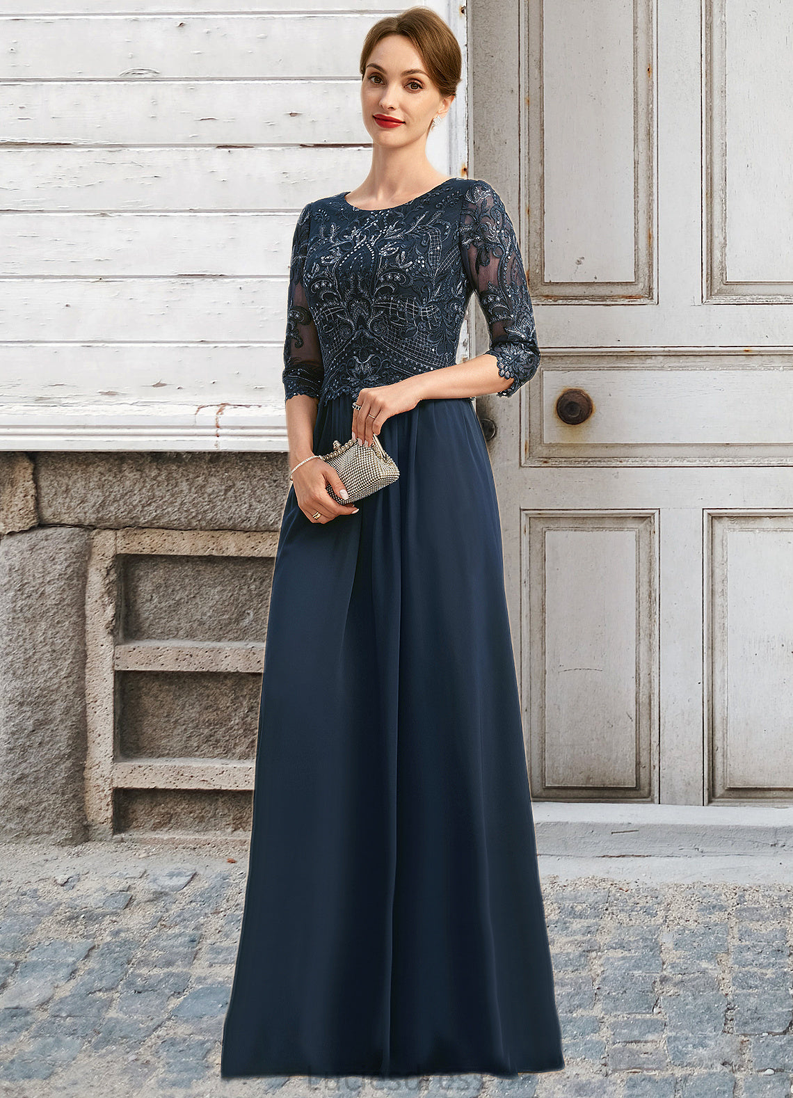 Kayden A-line Scoop Floor-Length Chiffon Lace Mother of the Bride Dress With Sequins HFP0021651