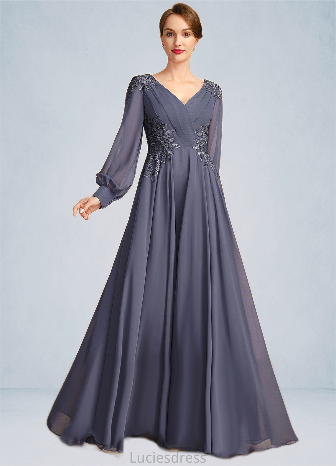 Madeline A-line V-Neck Floor-Length Chiffon Mother of the Bride Dress With Pleated Appliques Lace Sequins HFP0021652