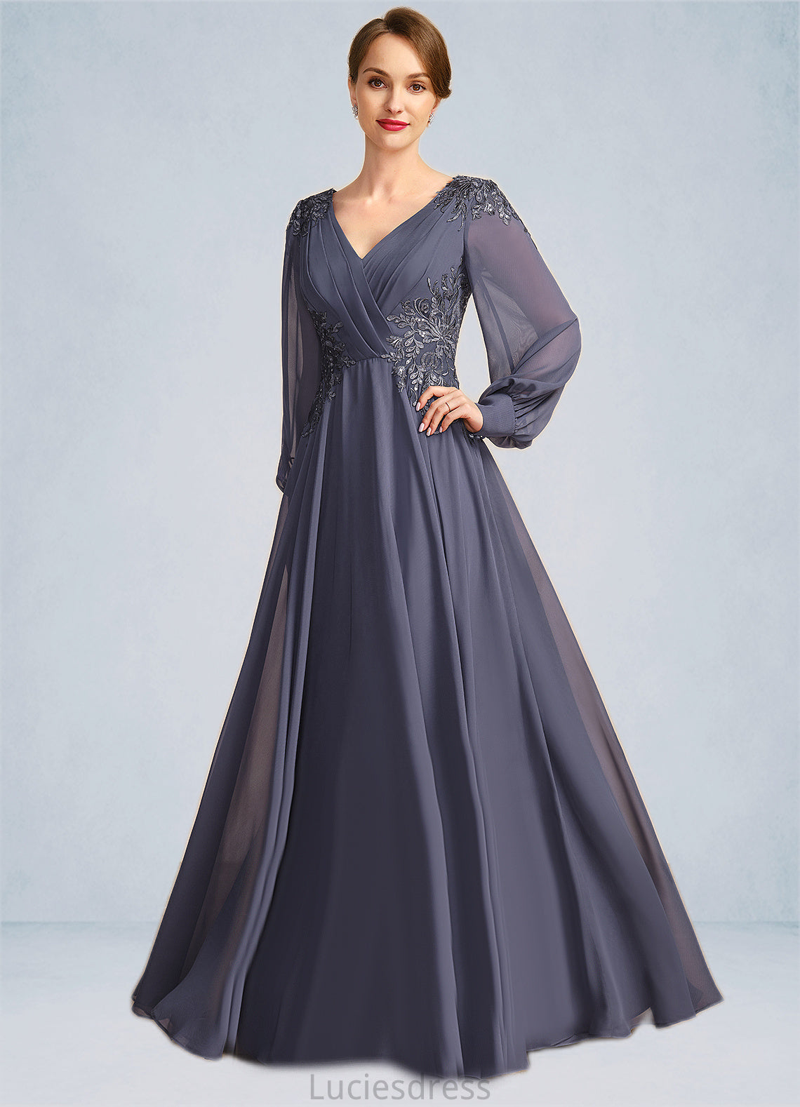 Madeline A-line V-Neck Floor-Length Chiffon Mother of the Bride Dress With Pleated Appliques Lace Sequins HFP0021652