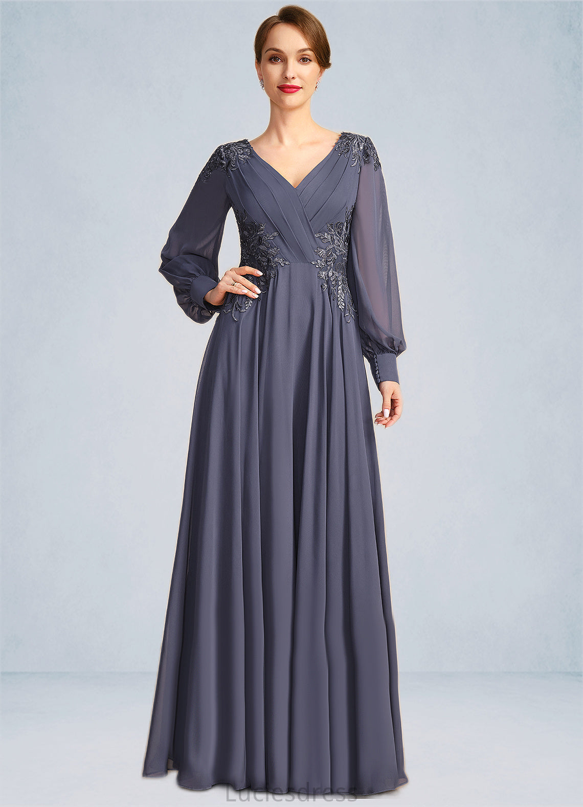 Madeline A-line V-Neck Floor-Length Chiffon Mother of the Bride Dress With Pleated Appliques Lace Sequins HFP0021652