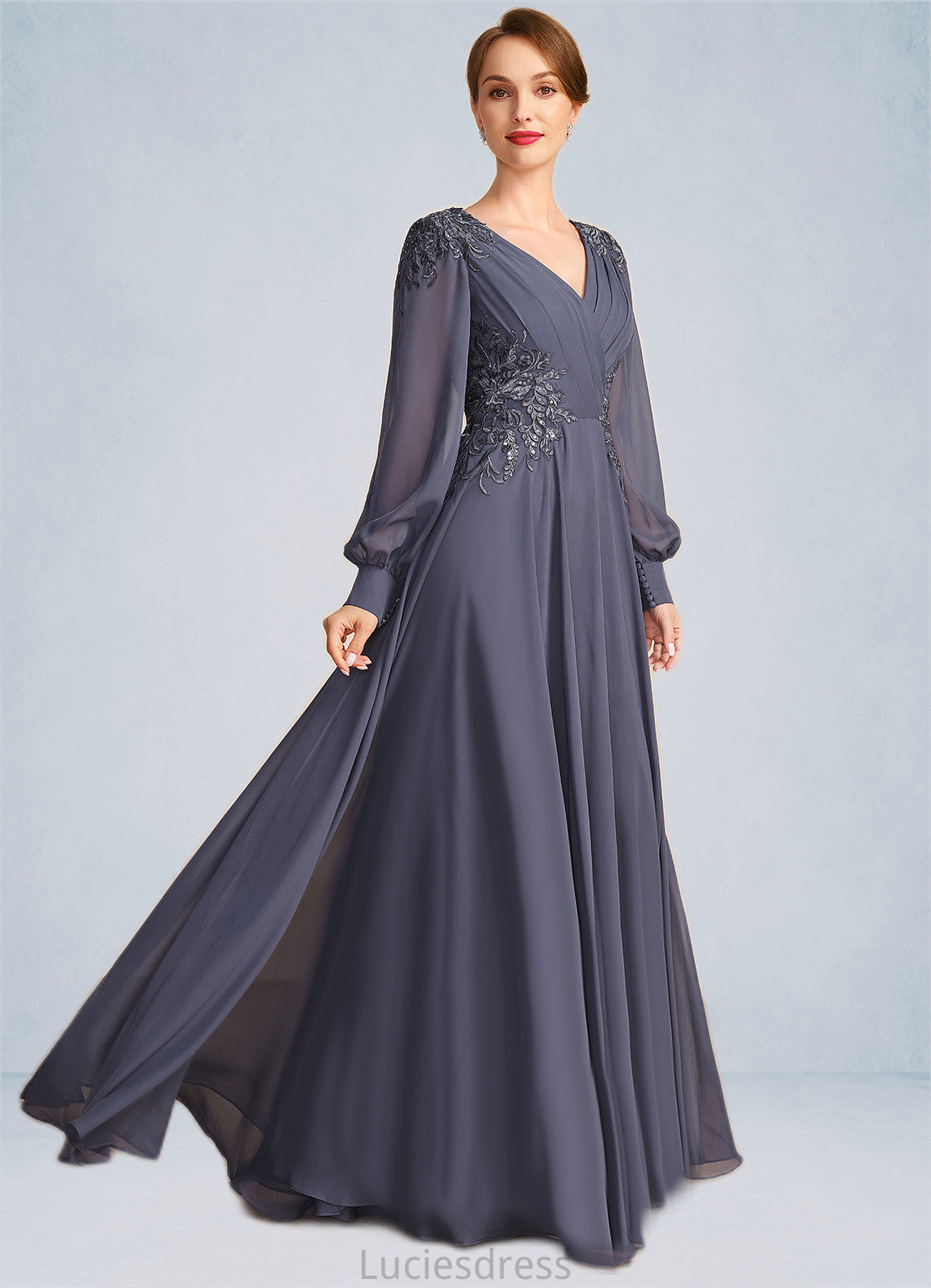 Madeline A-line V-Neck Floor-Length Chiffon Mother of the Bride Dress With Pleated Appliques Lace Sequins HFP0021652