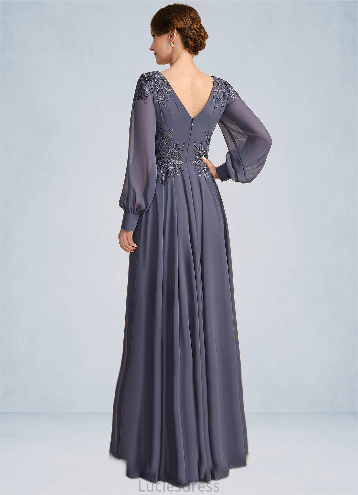 Madeline A-line V-Neck Floor-Length Chiffon Mother of the Bride Dress With Pleated Appliques Lace Sequins HFP0021652