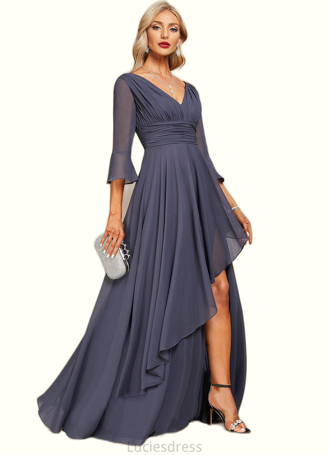 Everly A-line V-Neck Floor-Length Chiffon Mother of the Bride Dress With Cascading Ruffles HFP0021653