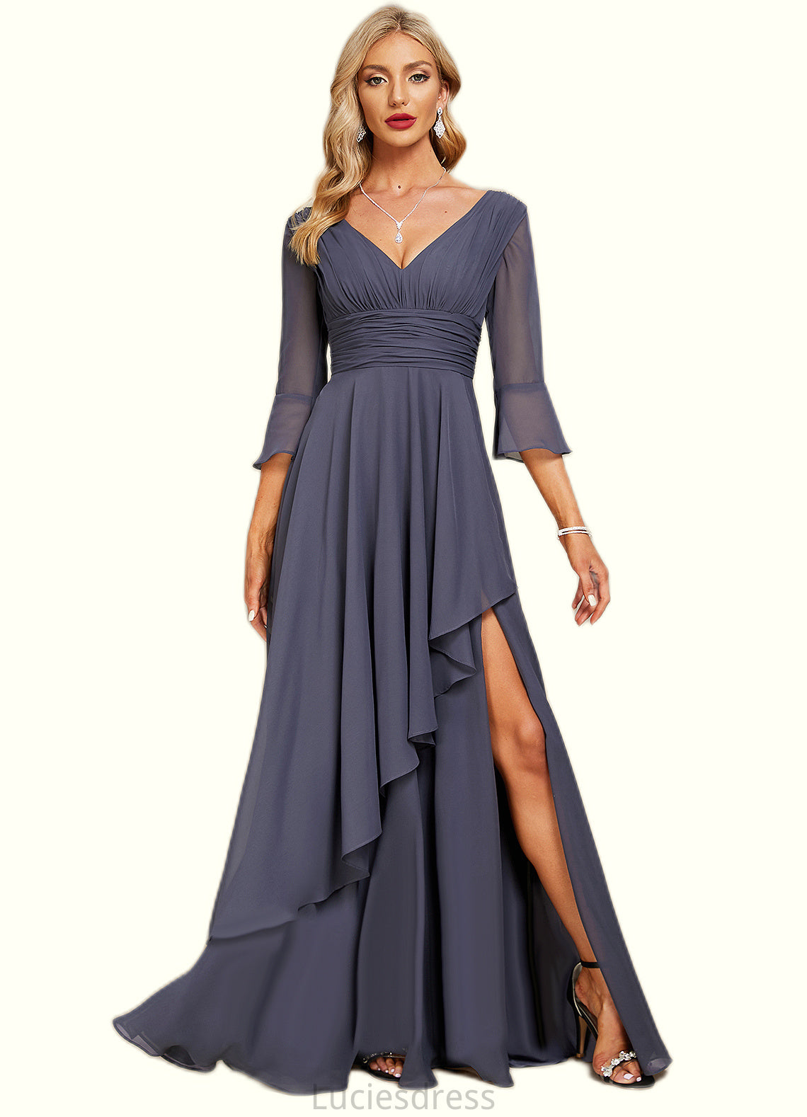 Everly A-line V-Neck Floor-Length Chiffon Mother of the Bride Dress With Cascading Ruffles HFP0021653