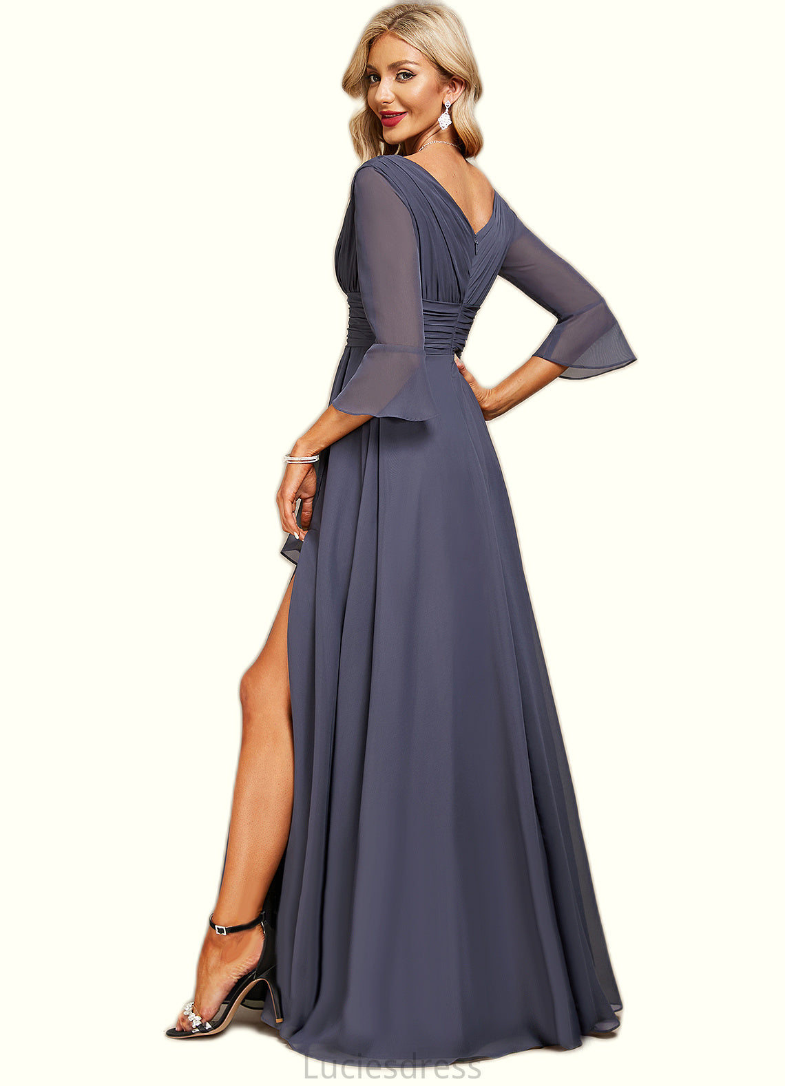 Everly A-line V-Neck Floor-Length Chiffon Mother of the Bride Dress With Cascading Ruffles HFP0021653