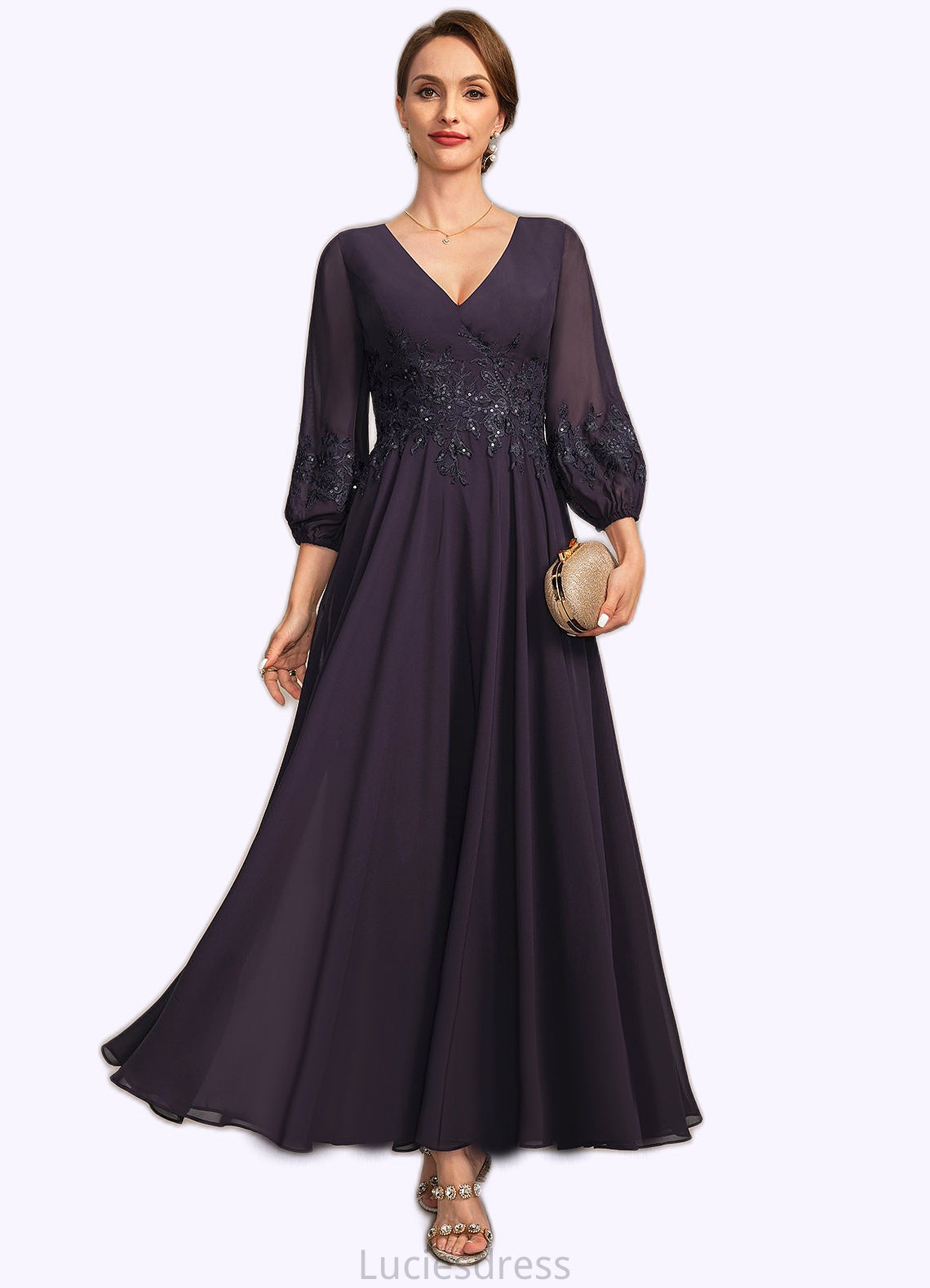 Janice A-line V-Neck Ankle-Length Chiffon Lace Mother of the Bride Dress With Sequins HFP0021655