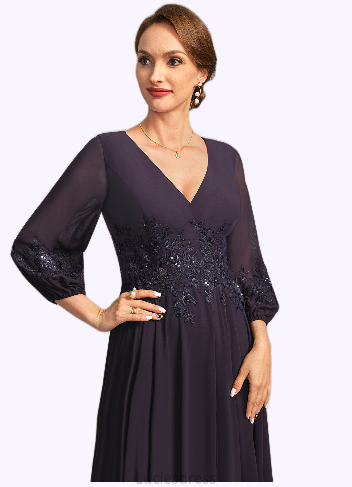 Janice A-line V-Neck Ankle-Length Chiffon Lace Mother of the Bride Dress With Sequins HFP0021655