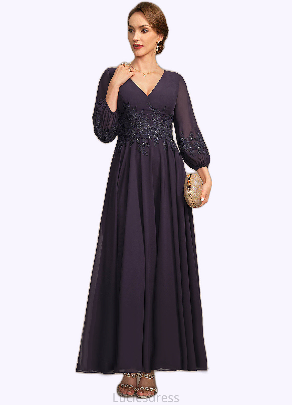 Janice A-line V-Neck Ankle-Length Chiffon Lace Mother of the Bride Dress With Sequins HFP0021655