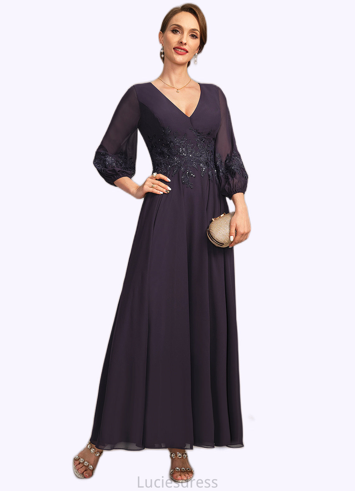 Janice A-line V-Neck Ankle-Length Chiffon Lace Mother of the Bride Dress With Sequins HFP0021655