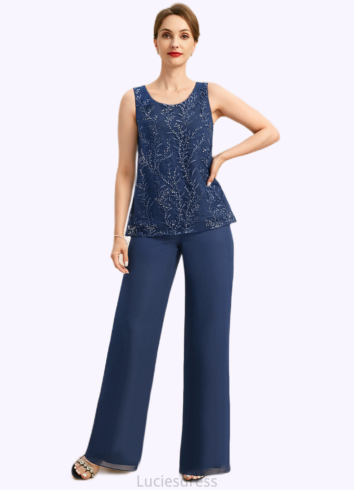 Evangeline Jumpsuit/Pantsuit Separates Scoop Floor-Length Chiffon Lace Mother of the Bride Dress With Sequins HFP0021657