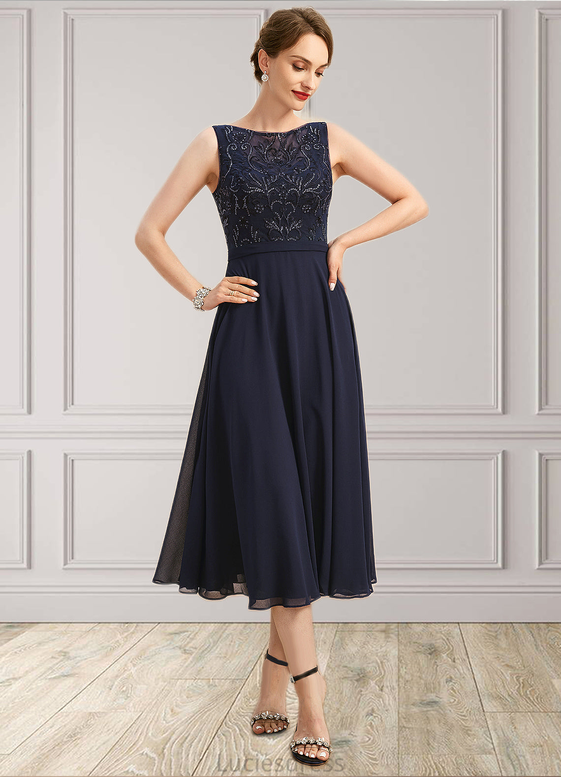 Kayla A-line Boat Neck Illusion Tea-Length Chiffon Lace Mother of the Bride Dress With Sequins HFP0021658