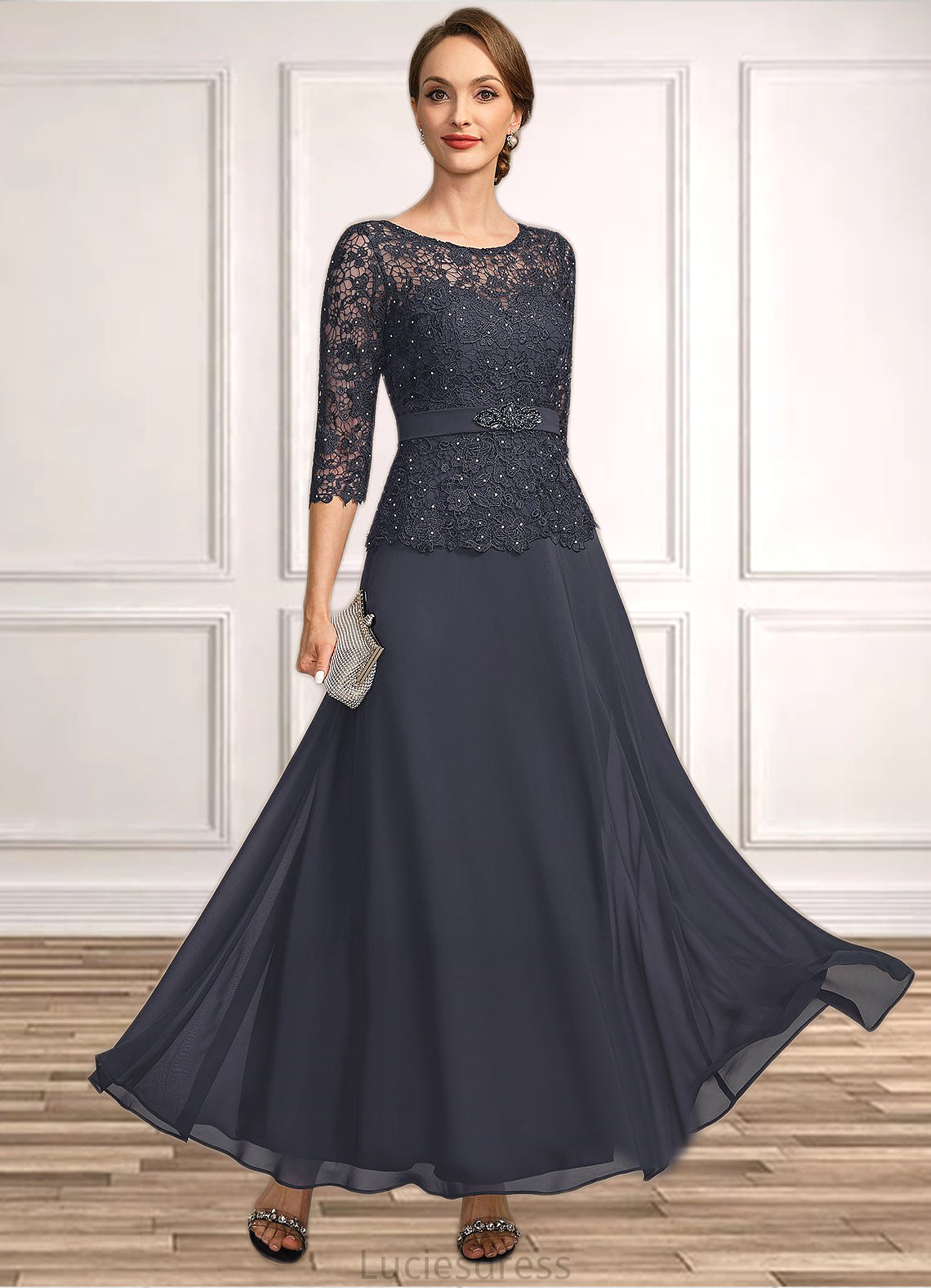 Amani A-line Scoop Illusion Ankle-Length Chiffon Lace Mother of the Bride Dress With Beading Rhinestone HFP0021659