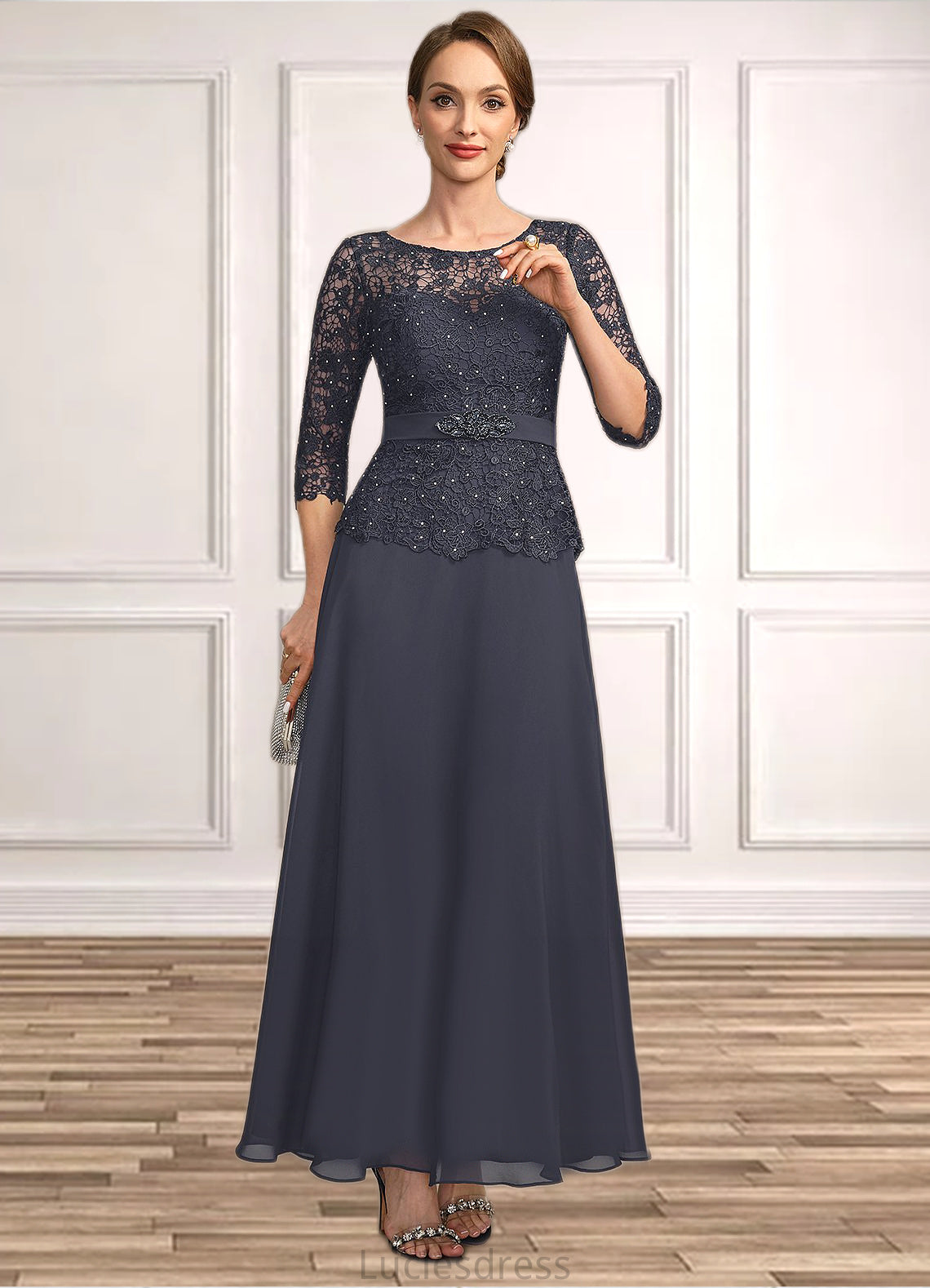 Amani A-line Scoop Illusion Ankle-Length Chiffon Lace Mother of the Bride Dress With Beading Rhinestone HFP0021659