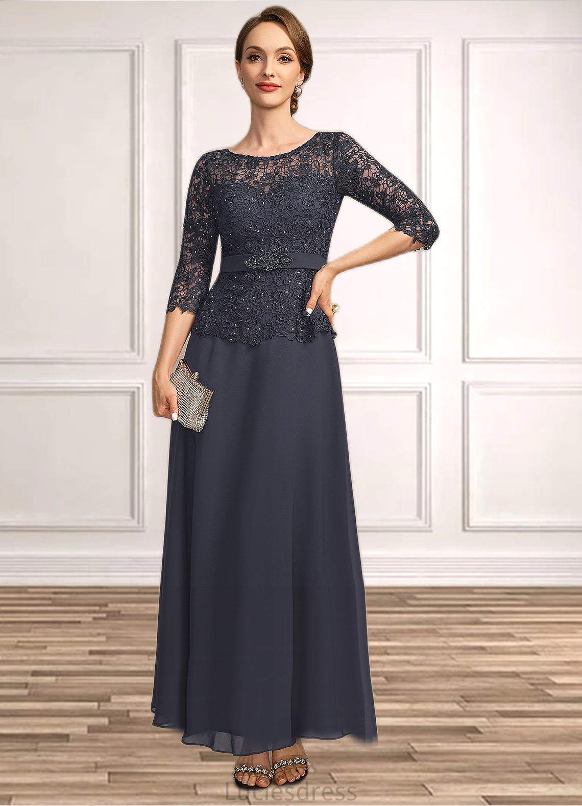 Amani A-line Scoop Illusion Ankle-Length Chiffon Lace Mother of the Bride Dress With Beading Rhinestone HFP0021659