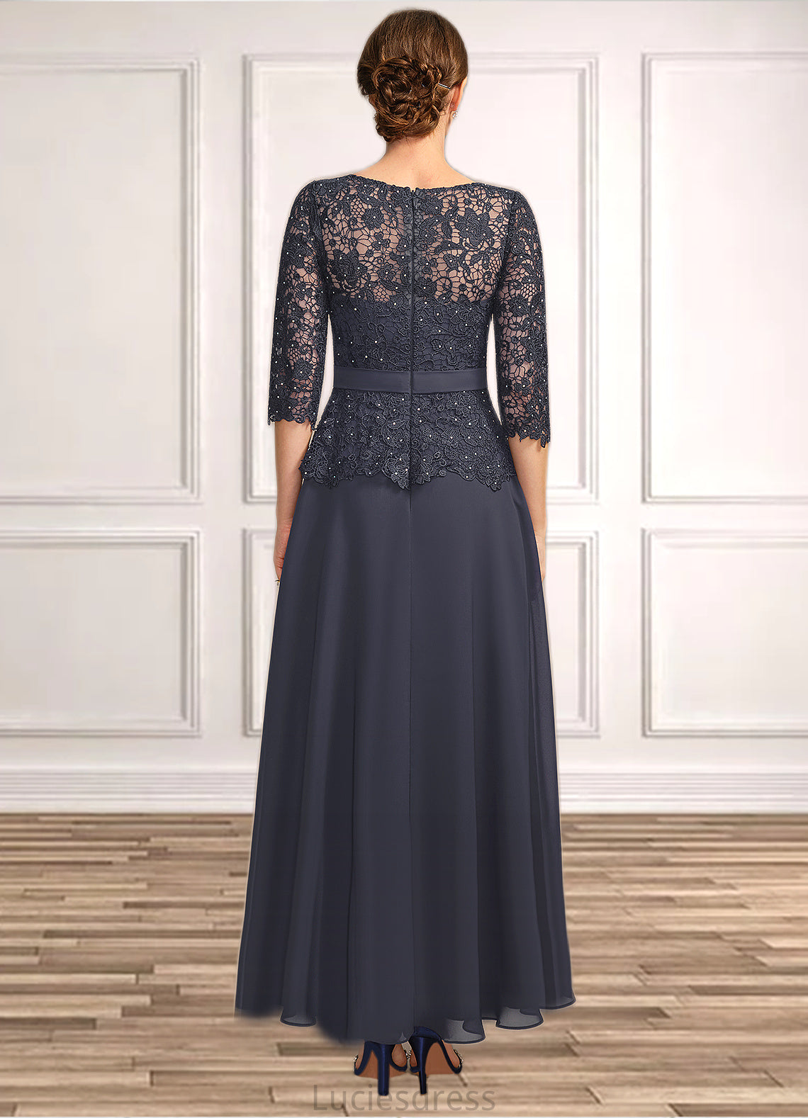 Amani A-line Scoop Illusion Ankle-Length Chiffon Lace Mother of the Bride Dress With Beading Rhinestone HFP0021659