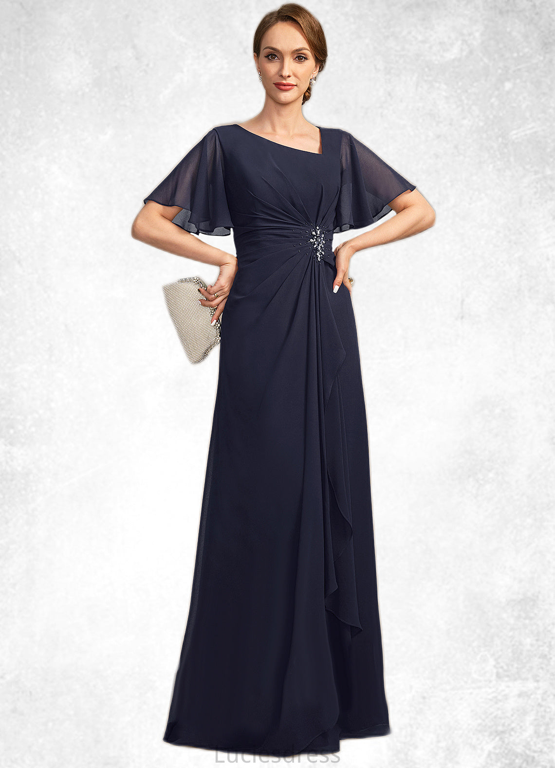 Lucy A-line Asymmetrical Floor-Length Chiffon Mother of the Bride Dress With Beading Pleated Sequins HFP0021660