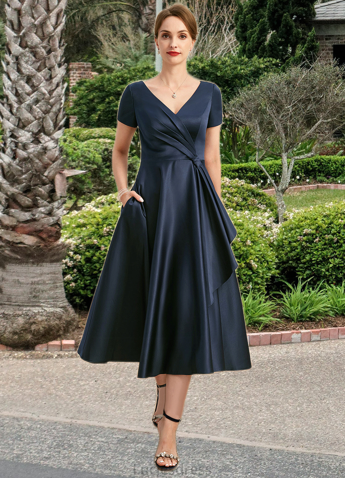 Annabel A-line V-Neck Tea-Length Satin Mother of the Bride Dress With Cascading Ruffles HFP0021661