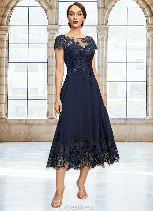 Giovanna A-line Scoop Illusion Tea-Length Chiffon Lace Mother of the Bride Dress With Sequins HFP0021664