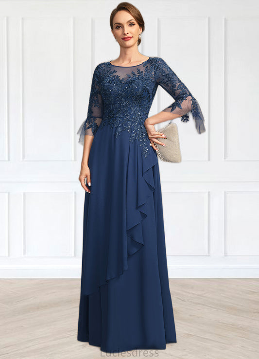 Elise A-line Scoop Illusion Floor-Length Chiffon Lace Mother of the Bride Dress With Cascading Ruffles Sequins HFP0021671