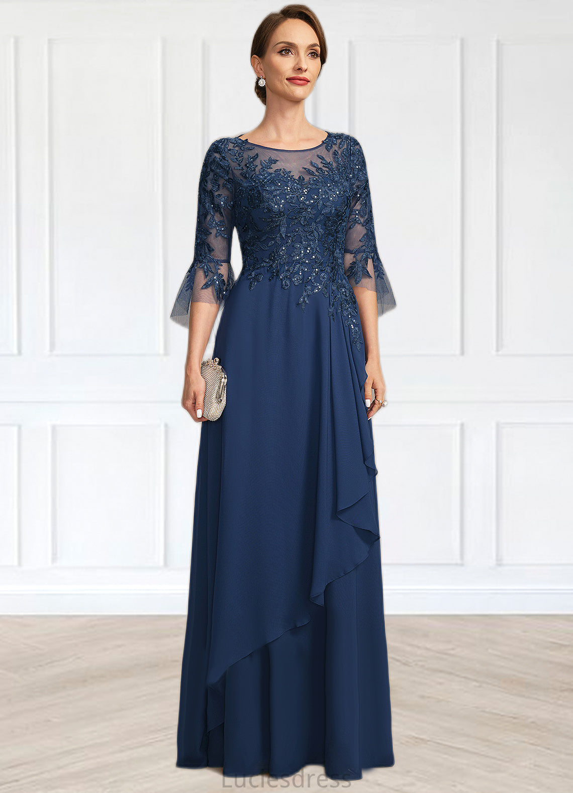 Elise A-line Scoop Illusion Floor-Length Chiffon Lace Mother of the Bride Dress With Cascading Ruffles Sequins HFP0021671