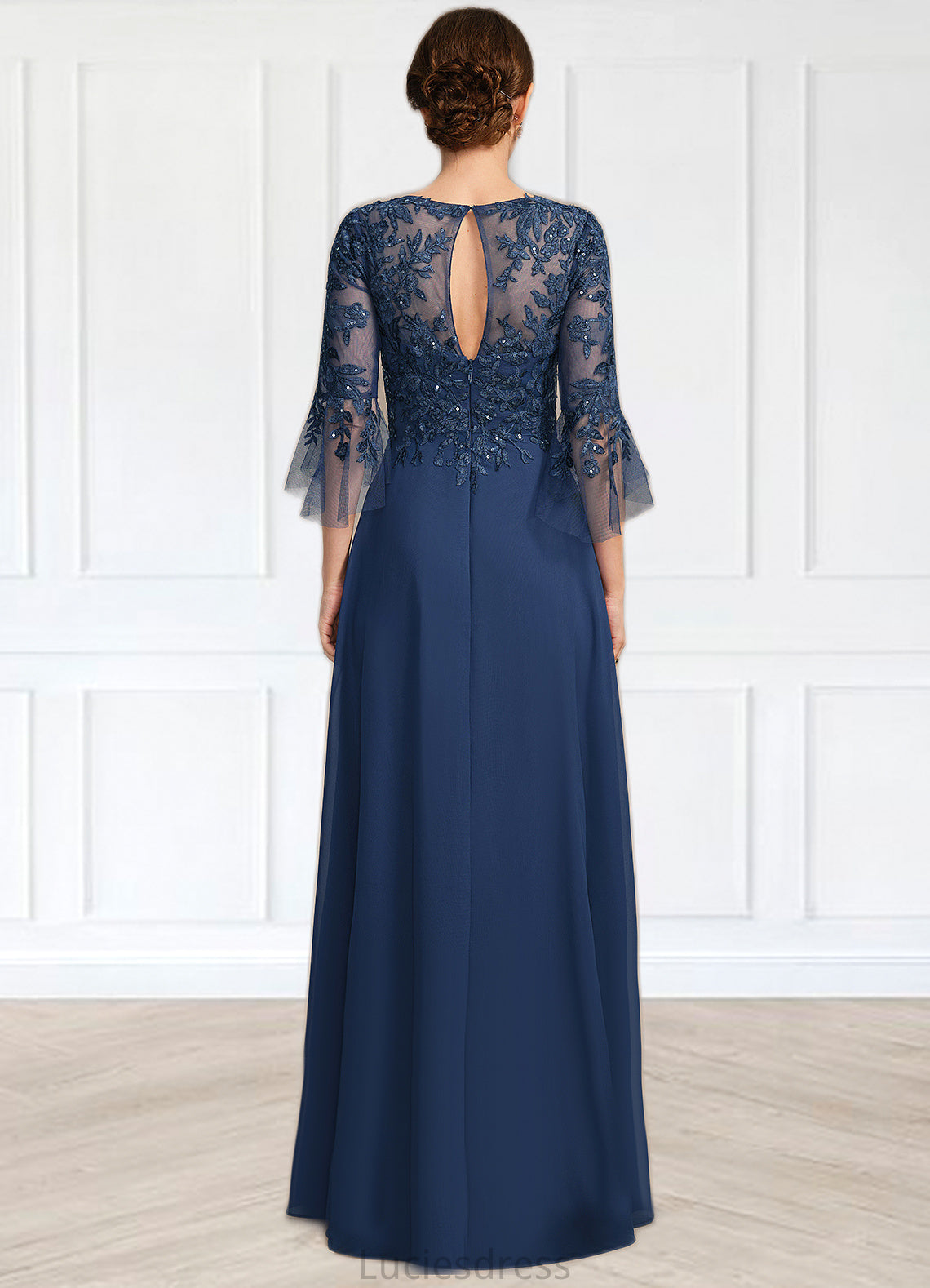 Elise A-line Scoop Illusion Floor-Length Chiffon Lace Mother of the Bride Dress With Cascading Ruffles Sequins HFP0021671