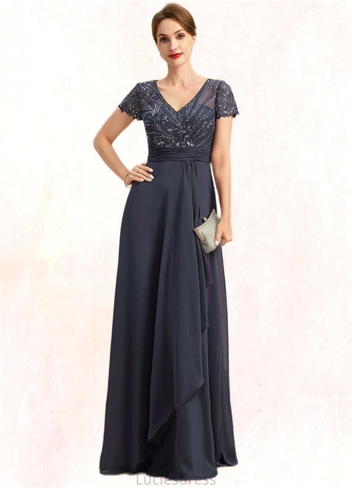 Lucia A-line V-Neck Floor-Length Chiffon Lace Mother of the Bride Dress With Beading Cascading Ruffles Sequins HFP0021675