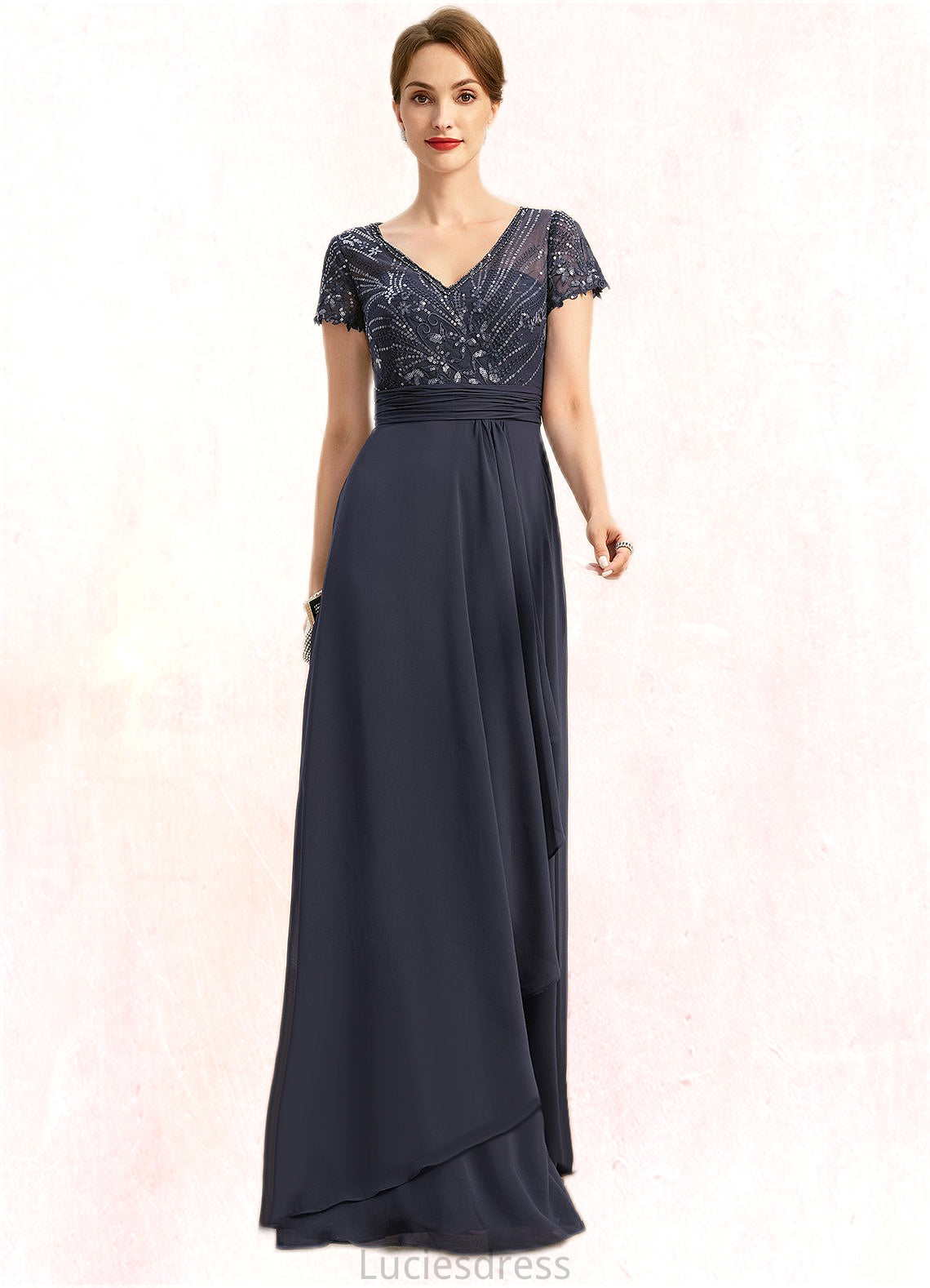 Lucia A-line V-Neck Floor-Length Chiffon Lace Mother of the Bride Dress With Beading Cascading Ruffles Sequins HFP0021675