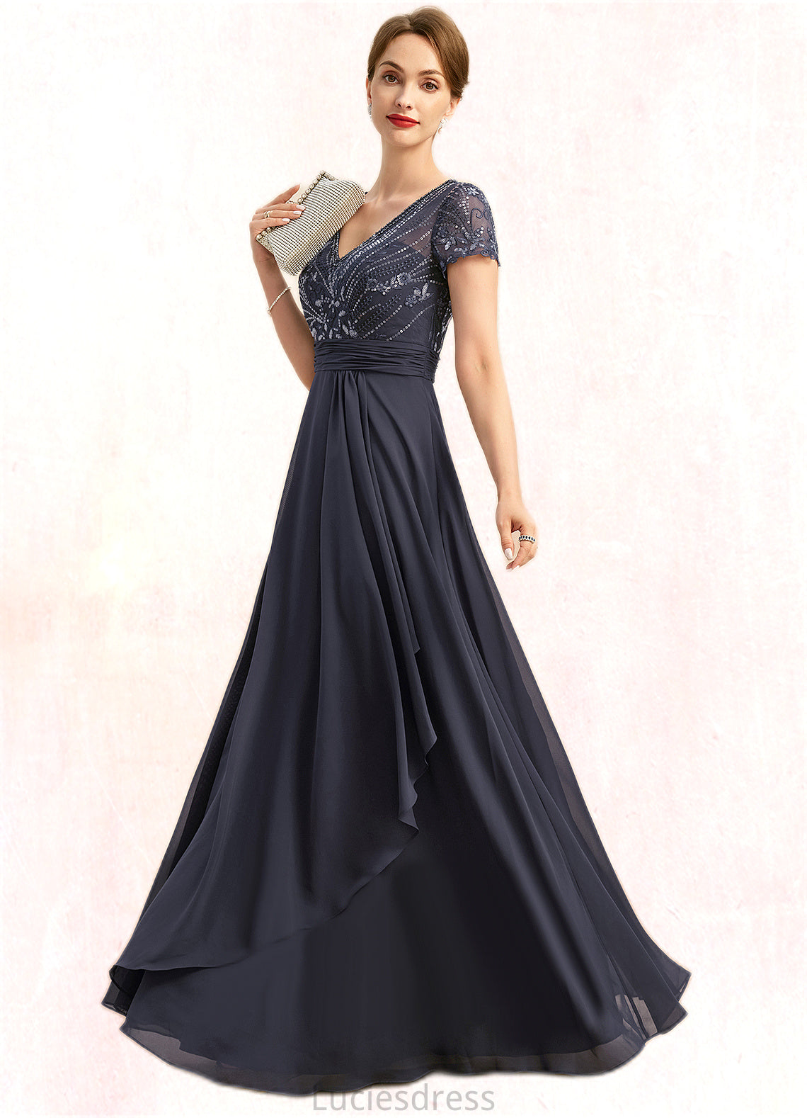 Lucia A-line V-Neck Floor-Length Chiffon Lace Mother of the Bride Dress With Beading Cascading Ruffles Sequins HFP0021675