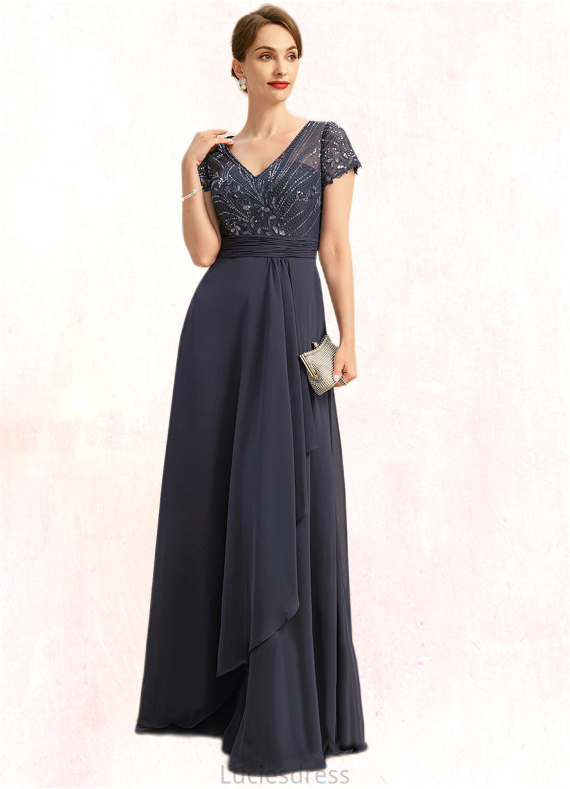 Lucia A-line V-Neck Floor-Length Chiffon Lace Mother of the Bride Dress With Beading Cascading Ruffles Sequins HFP0021675