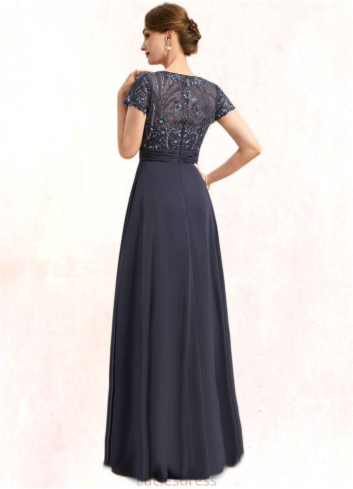 Lucia A-line V-Neck Floor-Length Chiffon Lace Mother of the Bride Dress With Beading Cascading Ruffles Sequins HFP0021675