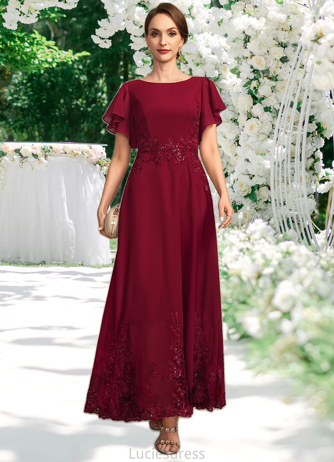 Susanna A-line Scoop Ankle-Length Chiffon Lace Mother of the Bride Dress With Sequins HFP0021676